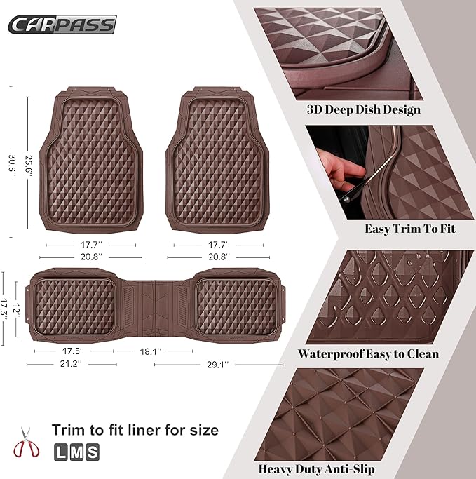 CAR PASS Heavy Duty Rubber Car Mats, Deep Dish All-Weather Floor Mat for Car Full Set Durable Anti-Slip 3D Rhombus Waterproof Trim to Fit Liner Universal Fit Automotive,Sedan,SUV,Truck, 3 Piece Brown