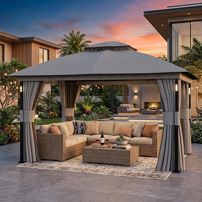 Patio Gazebo 11'x13' with LED Lights & Bluetooth Speaker, Heavy Duty Outdoor - Image 2