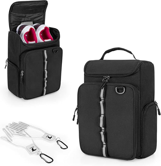 Golf Shoe Bag Holds A Pair of Shoes US Mens 14, Golf Shoe Carrier with Free Gloves Holders (A Pair), Front and Side Accessory Pockets for Tees, Gloves and Ball, Black