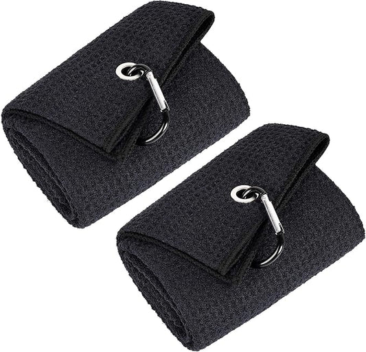 Mile High Life Tri-fold Golf Towel | 16" X 24" | Premium Microfiber Fabric | Waffle Pattern | with Heavy Duty Carabiner Clip | for Men and Women (2 Pack Black)