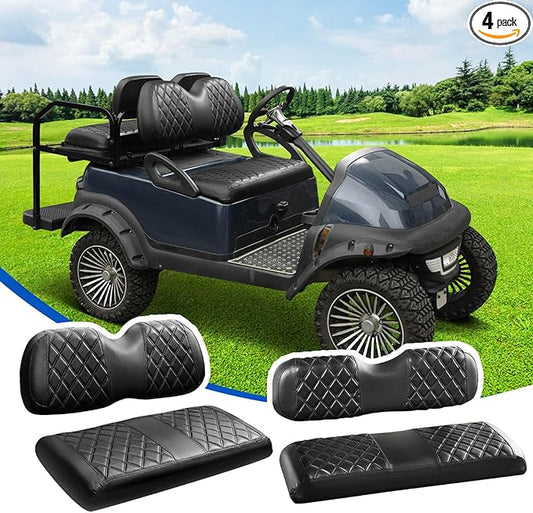 NOKINS 4PCS Golf Cart Seat Covers Kit, Front and Rear Seat Covers Fits Club Car Precedent Standard Seat Cushion, Club Car Vinyl Seat Covers Accessories, No Staples(Black&Black Stitch)