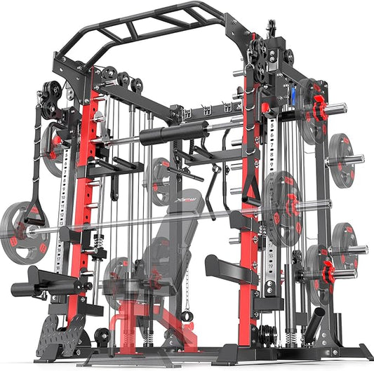 Smith Machine，Multi-Function Squat Rack Power Cage with Cable Crossover System,with Optional Weight Bench, Olympic Barbell Weight Set, for Home Gym