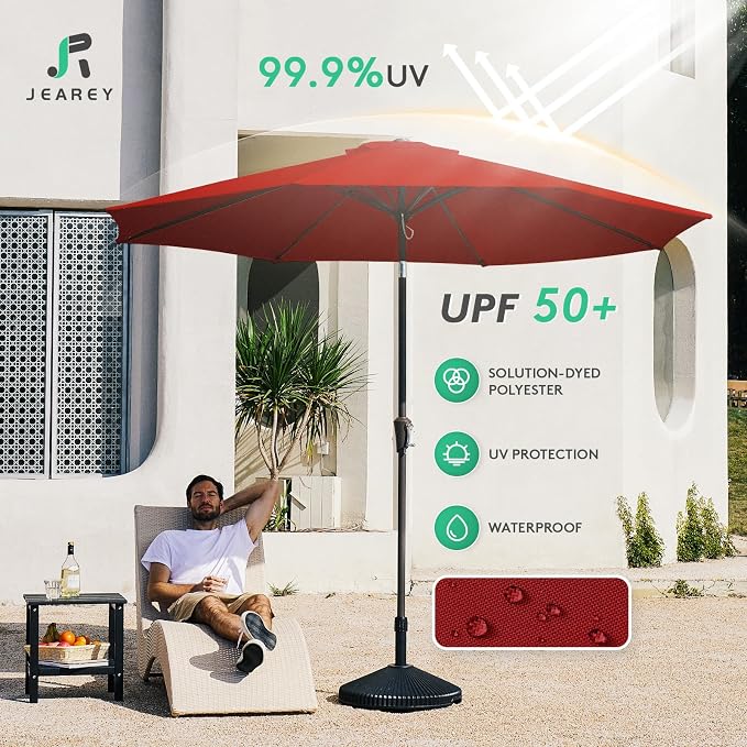 JEAREY 9FT Outdoor Patio Umbrella, Market Umbrella, Burgundy | Outdoor Table - Image 3