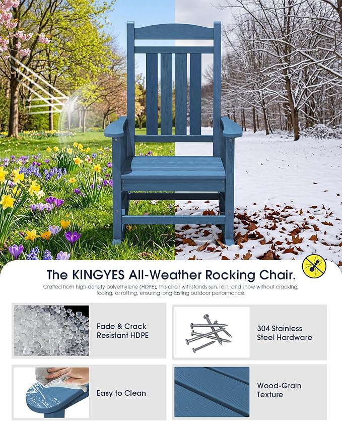 Oversized Outdoor Rocking Chairs Set of 4, Porch Rocker Unique Blue | - Image 5