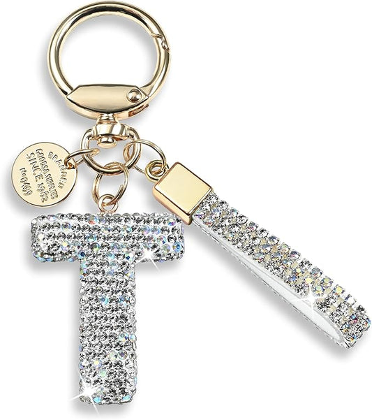 Pink Blue White Initial Letter Keychain Gift for Women Girls Bling Sparkly Cute Backpack Car Key Accessories Lanyard