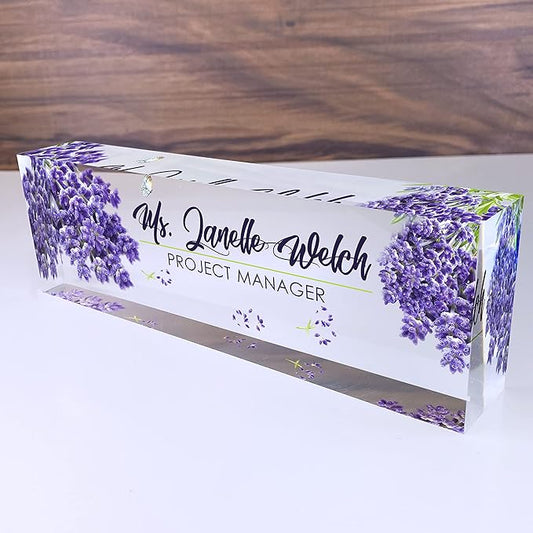 Artblox Personalized Name Plate for Desk | Lavender Design On Clear Acrylic Glass | Custom Desk Name Plate Personalized with Your Name and Credentials for Teacher Phd Military Office Name Plate