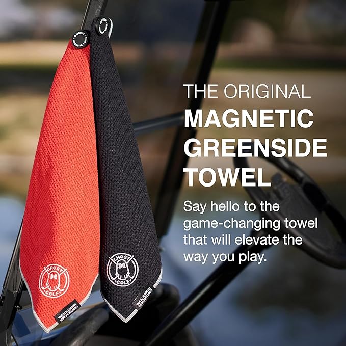Ghost Golf Magnetic Towel (Greenside) - Premium Ultra-Absorbent Microfiber Golf Towel with Magnet for Golf Carts or Clubs - 18" x 18" Golfing Gear - Waffle Weave Pattern (White)