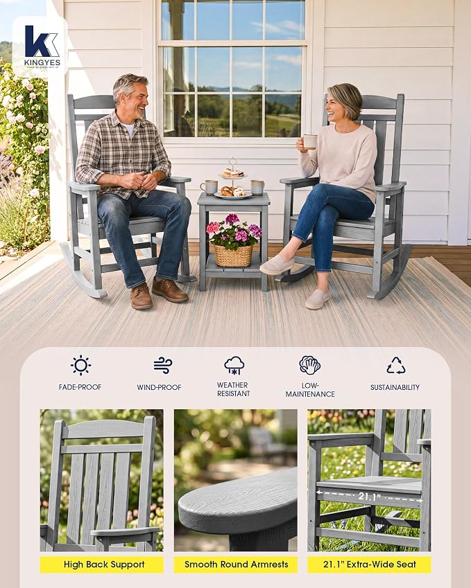 Oversized Outdoor Rocking Chair Set of 4, Porch Rockers, Light Gray | - Image 6