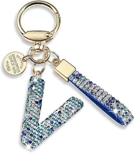 Pink Blue White Initial Letter Keychain Gift for Women Girls Bling Sparkly Cute Backpack Car Key Accessories Lanyard