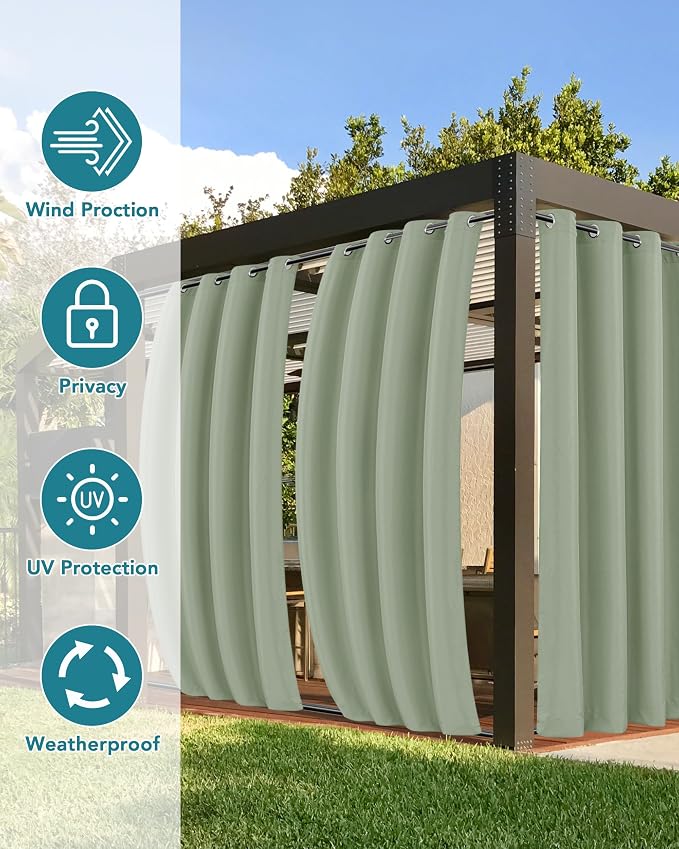 Windproof Outdoor Curtains for Patio Waterproof 4 Pcs 54x84 In Sage Green | - Image 3