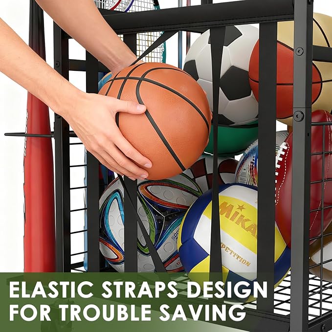 Sports Equipment Garage Organizer,Garage Ball Storage Rack with Elastic Straps,Small Rolling Ball Holder Cart with Wheels for Sports Gear,Indoor/Outdoor Toy Storage with Hooks and Baskets,BK