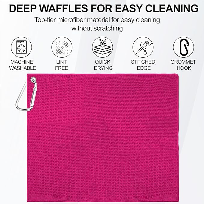 3 Pack 16" X 16" Golf Towels with Carabiner Clip, Super Absorbent Microfiber, Waffle-Pattern, Romantic Pink