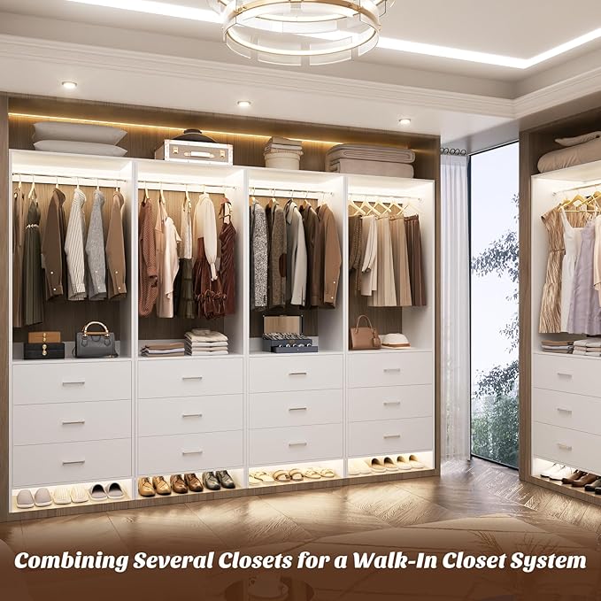 Aheaplus Closet System Closet Organizer, Wood Closets Organizer System, Walk-in Closet or Wardrobe, Clothes Rack with Hanging Rods, 8FT Closets, Set of 4, White