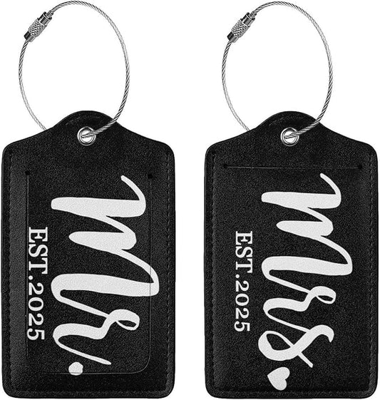 2 Pcs 2025 Mrs Mr Luggage Tag for Suitcase, Steel Loop with Privacy Cover ID Label, Engagement Wedding Bridal Shower Gift for Women Men Couple