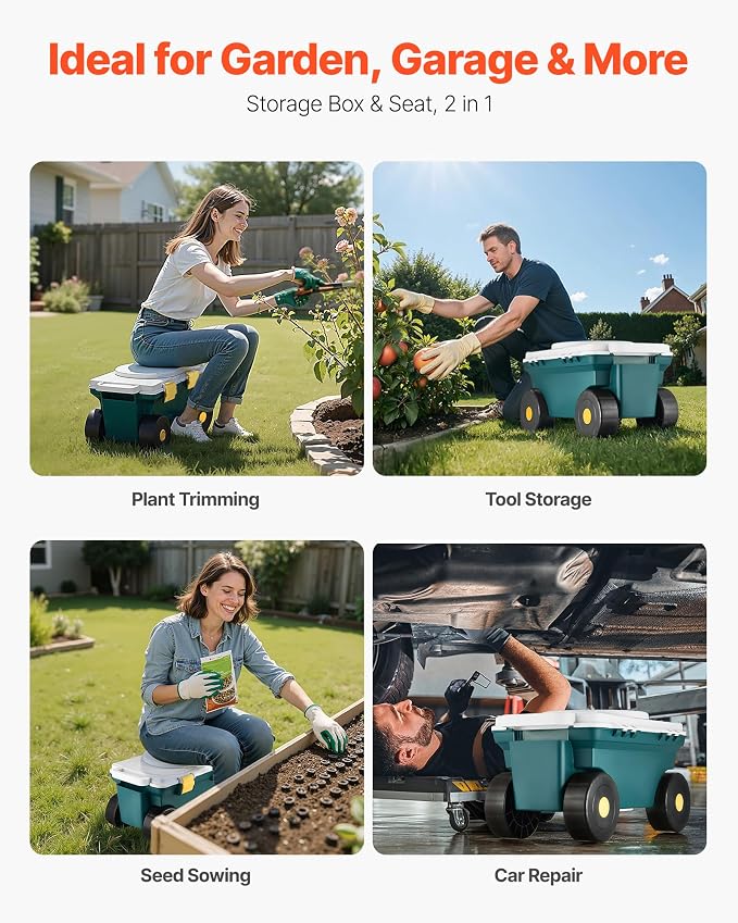 VEVOR Small Garden Seat, 2 in 1 Rolling Garden Cart - Image 6