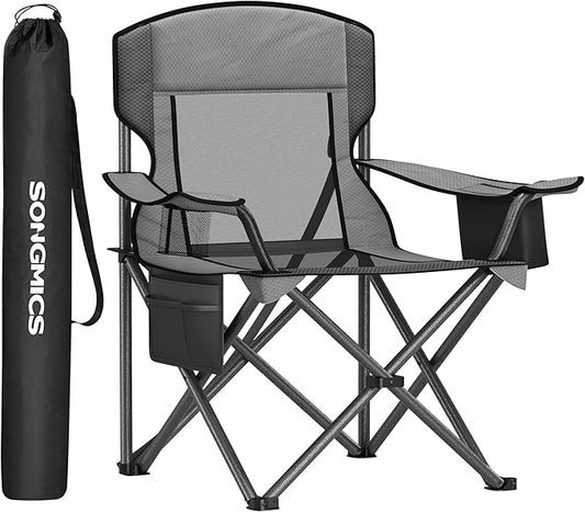 SONGMICS Camping Chair, Folding Lawn Chair with Cooler Bag, 352 lb Weight Capacity, Adjustable Armrests with Cup Holder, Storage Bag, Breathable Nylon Mesh, for Sports Games, Slate Gray UGCB060G01