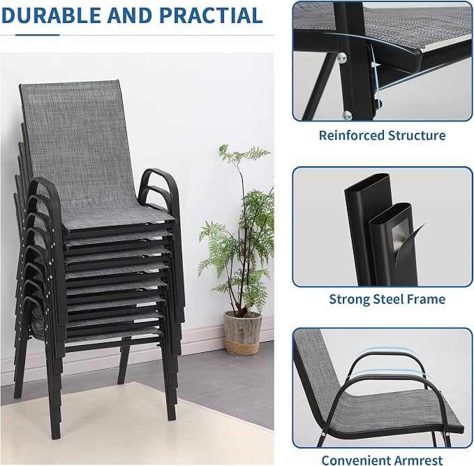 Patio Chairs Set of 8, Outdoor Stackable Dining Chairs | All Weather Textilene - Image 7