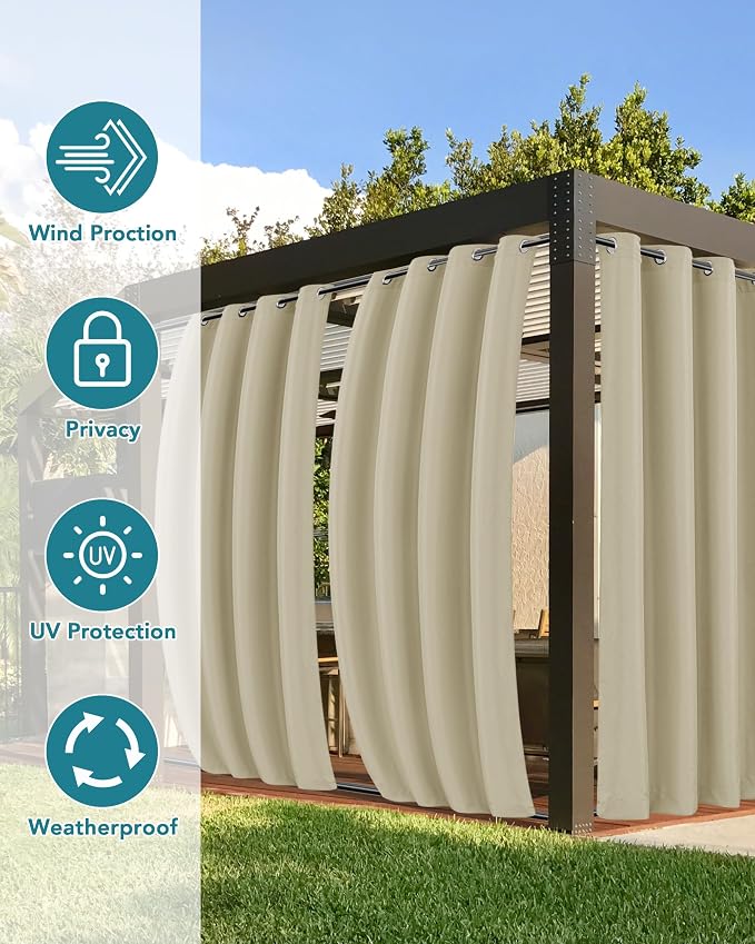 Windproof Outdoor Curtains for Patio Waterproof 4 Pcs 54x108 In Cream | Grommet - Image 3