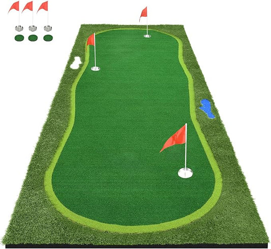 Golf Putting Green, Professional Grade Large Golfing Putting Mats with Sand Pit and Water Hazard for Indoor Outdoor