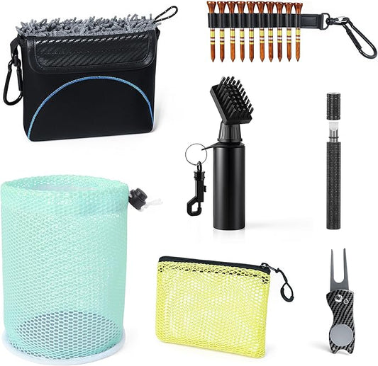 Golf Cleaning Kit Accessories,Golf Club Ball Cleaning Bag,Gift for Christmas,Club Ball Cleaning Bag,Club Brush with Water,Divot Repair Tool,Club Sharpener-Gifts for Men&Women