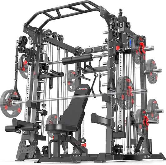 Smith Machine，Multi-Function Squat Rack Power Cage with Cable Crossover System,with Optional Weight Bench, Olympic Barbell Weight Set, for Home Gym