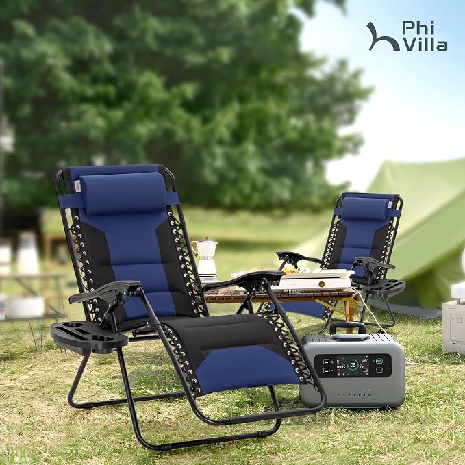 PHI VILLA Padded Zero Gravity Chair Set of 2, Cup Holder, 28in Seat, Supports - Image 2