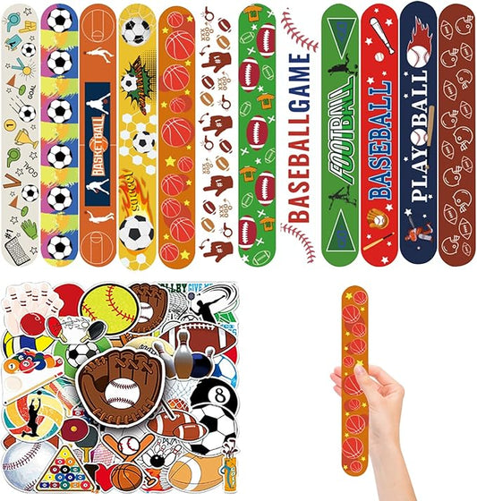 74Pcs Sports Theme Party Favors 24 Pcs Ball Theme Slap Bracelets 50 Pcs Sport Theme Stickers ，Sports Party Team Gift Fillers School Classroom games Rewards Supplies