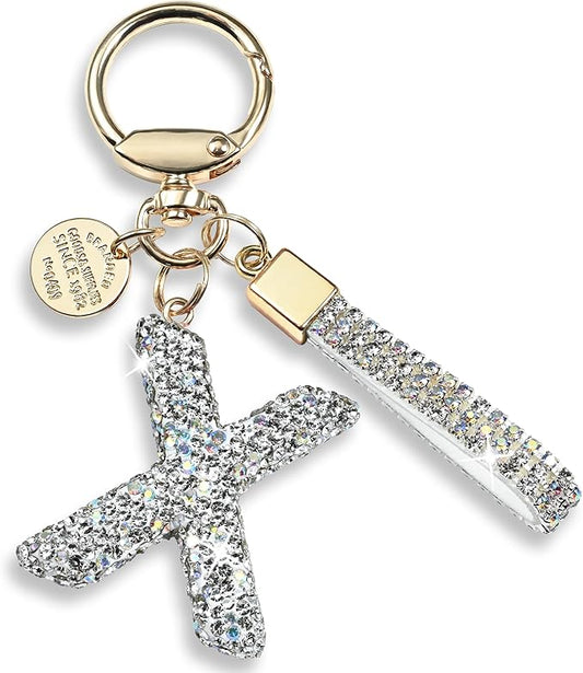 Pink Blue White Initial Letter Keychain Gift for Women Girls Bling Sparkly Cute Backpack Car Key Accessories Lanyard