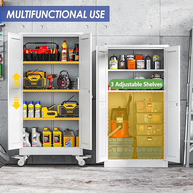 61" Tall Metal Garage Storage Cabinet with Wheels and Locking Doors and Tall Rolling Steel Tool Cabinet with 3 Adjustable Shelves for Garage,Home,Office,Shop (White)