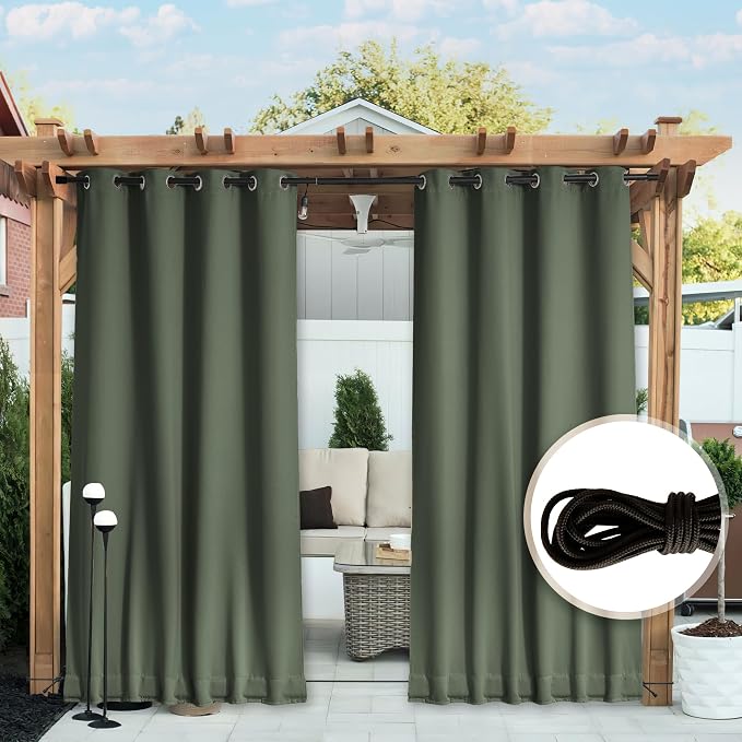 NICETOWN Outdoor Curtains Waterproof Fixed Bottom W52xL95 Greyish Green | - Image 2