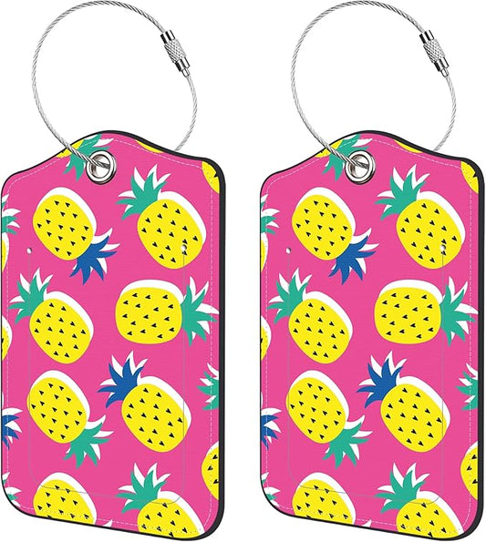 2 Pack Luggage Tags for Suitcase,Tropical Pineapple Fruit PU Leather Luggage Tags with Privacy Cover Name Address Labels and Steel Ring,Creative Travel Accessories for Men and Women
