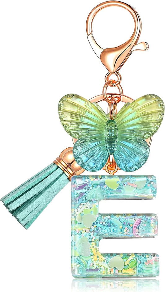 JINGUAZI Initial letter Keychains for Women Tassel Butterfly Pink Purple Cute Car Keychain for Wallet Backpack bag charm