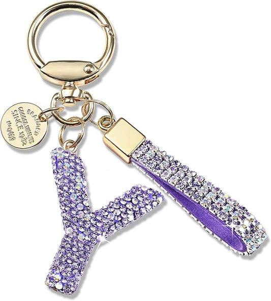 Pink Blue White Initial Letter Keychain Gift for Women Girls Bling Sparkly Cute Backpack Car Key Accessories Lanyard