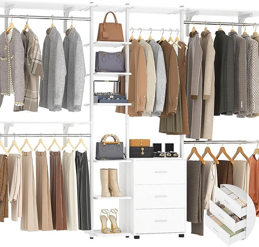 Aheaplus Closet System with Drawers, Closet Organizer System Storage with Shelves, 96'' Walk-in Closet with 5 Hanging Rods, Heavy Duty Wall Mounted Clothes Wardrobe Garment Rack,-Metal Frame, White