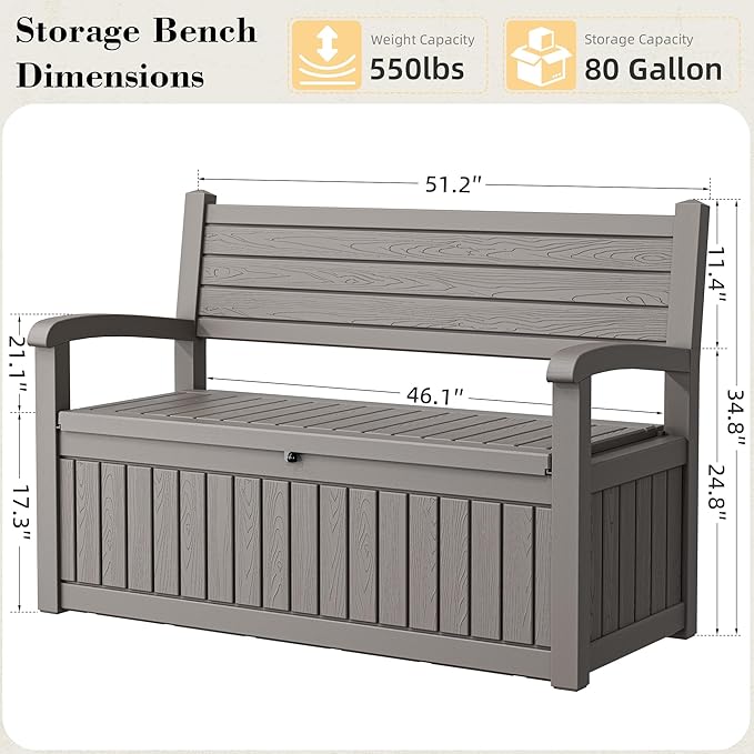 80 Gallon Outdoor Storage Bench Waterproof, Storage Outdoor Porch Bench Doubles - Image 2