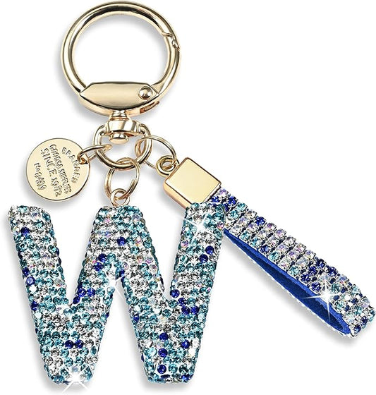 Pink Blue White Initial Letter Keychain Gift for Women Girls Bling Sparkly Cute Backpack Car Key Accessories Lanyard