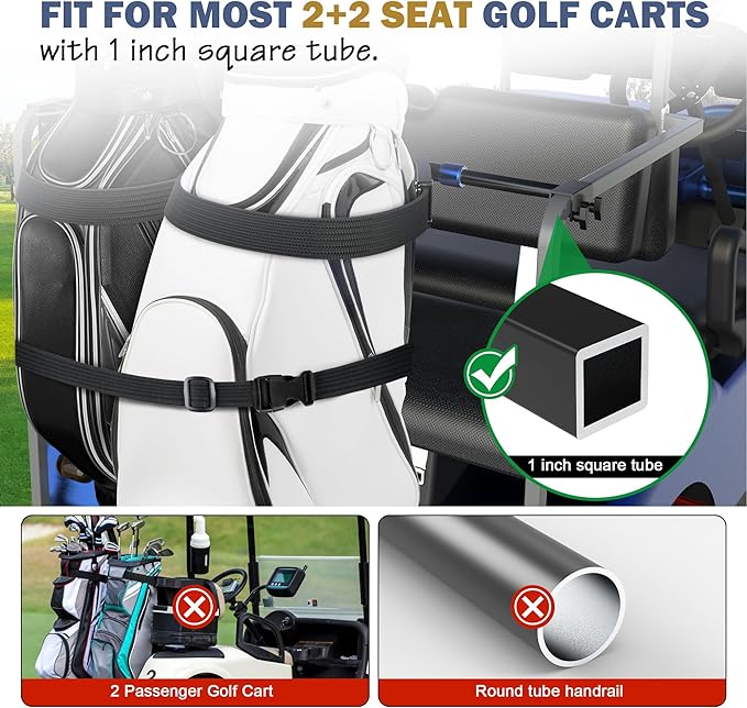 Golf Cart Bag Holder Bracket – Lightweight & Sturdy, No Drilling Required, Adjustable Attachment for EZGO, Club Car, Yamaha 2+2 Rear Seats with 1-Inch Square Tube