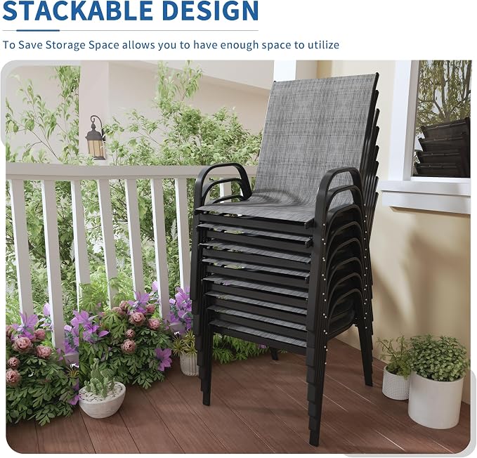 Patio Chairs Set of 8, Outdoor Stackable Dining Chairs | All Weather Textilene - Image 3