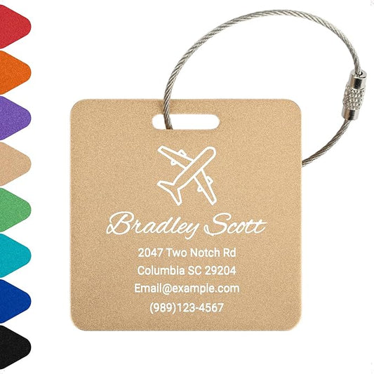 Personalized Luggage Tags for Suitcases Custom Metal Name Tags for Backpacks Bags Travel - Square (Gold)
