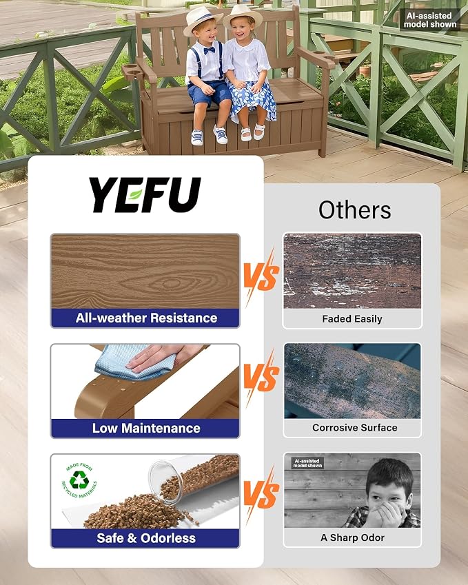 YEFU Outdoor Bench Set of 2, Heavy Duty Garden Storage Bench, Teak | HIPS - Image 5