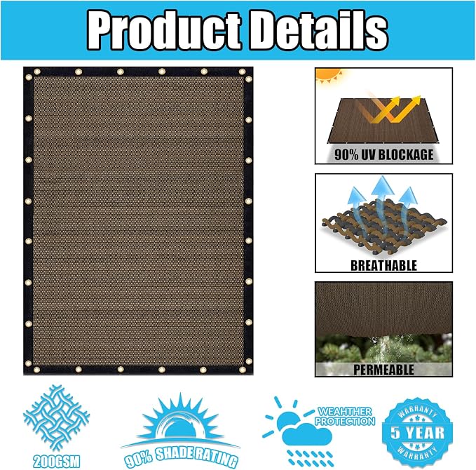 Amagenix 90% Shade Fabric 6'X 21' Mocha Sun Shade Cloth - Image 3