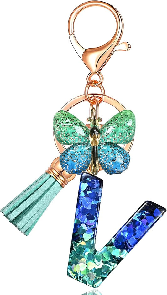JINGUAZI Initial letter Keychains for Women Tassel Butterfly Pink Purple Cute Car Keychain for Wallet Backpack bag charm