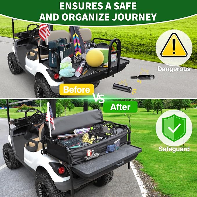 Golf Cart Rear Storage Bag for 4 Passenger EZGO, Club Car, Yamaha Golf Carts, 900D Water-Repellent No Drilling Grocery Shopping Cargo Box with Secure Net and Adjustable Straps for 2+2 Seat