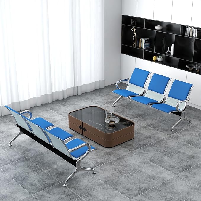 Kinfant Waiting Room Chairs with Arms – Blue PU Leather Back & Cushioned Seat Heavy-Duty Steel Frame, Ergonomic Office Reception Guest Chair for Lobby, Clinic, Airport