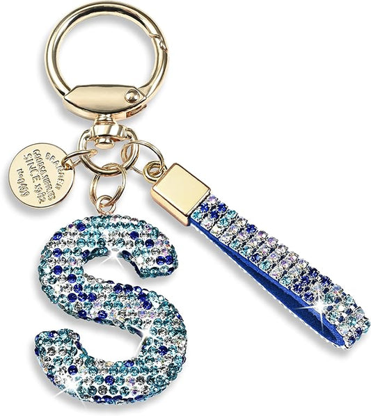 Pink Blue White Initial Letter Keychain Gift for Women Girls Bling Sparkly Cute Backpack Car Key Accessories Lanyard