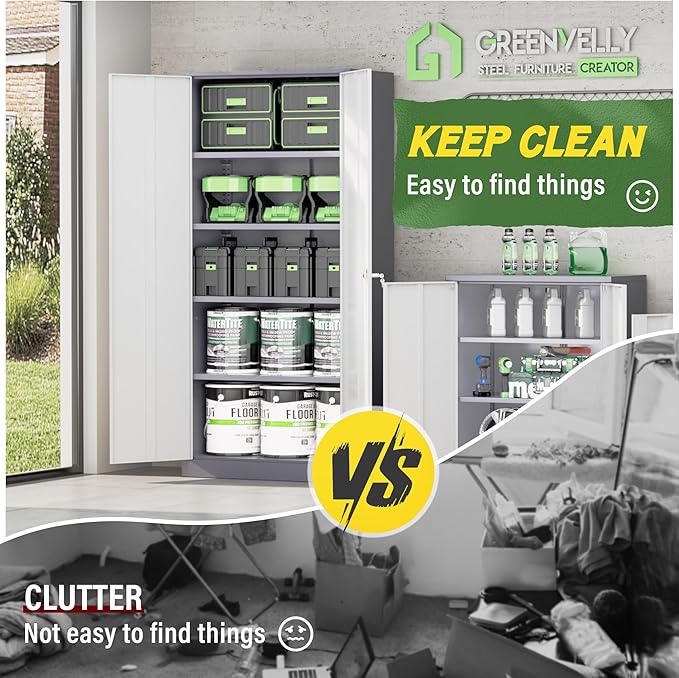 Greenvelly Metal Storage Cabinet,72” Metal Cabinet Storage with Doors and 4 Adjustable Shelves,Tall Storage Cabinet for Home,School,Gym(Grey White)