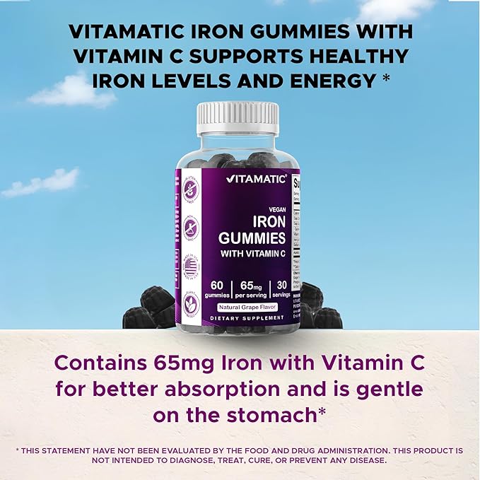 Vitamatic Iron 65 mg Gummies Supplement for Women & Men - 60 Vegan Gummies - Great Tasting Iron Gummy Vitamins with Vitamin C (3)