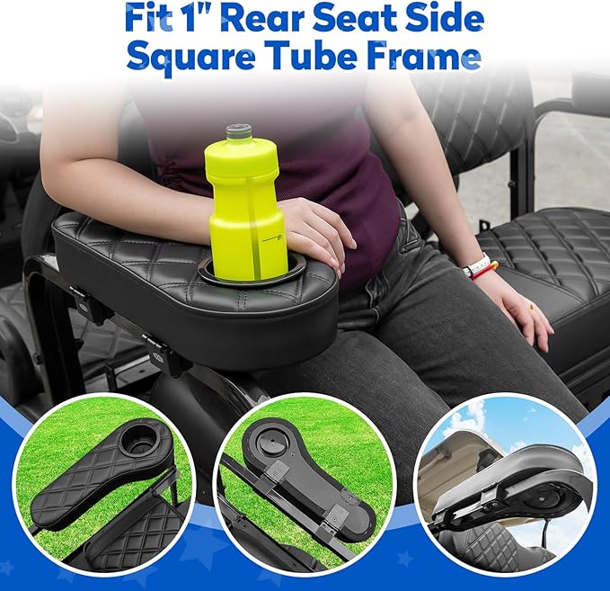 NOKINS Golf Cart Seat Covers for Club Car Precedent, Vinyl Front&Rear Seat Cover with Flip-Up Armrests kit, with Cup Holder, for 1" Square Tube (Black&Black Stitching)