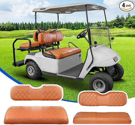 NOKINS 4PCS Golf Cart Diamond Seat Covers Kit, Front&Rear Seat Covers Fits EZGO TXT 1994-2013/EZGO RXV Standard Seat Cushion, EZGO Vinyl Seat Cover Accessories, No Staples(All Brown)