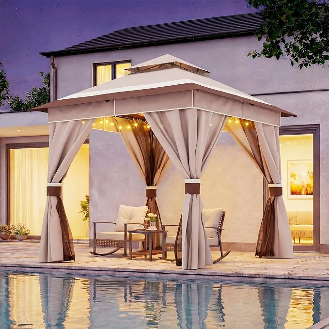 8'x8' Outdoor Gazebo with 50FT String Lights, Metal Heavy Duty Patio Canopy by LAUSAINTHOME